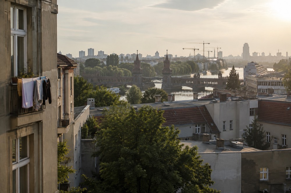 A city view over rooftops and a river bridge in late afternoon light