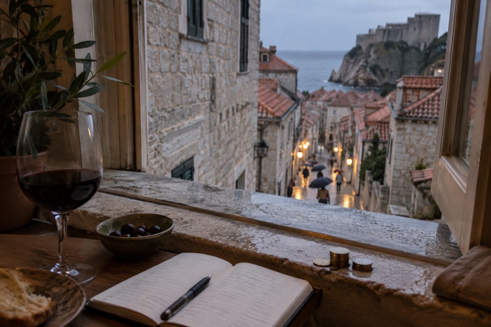 A notebook with a handwritten budget breakdown next to a stack of euro coins.