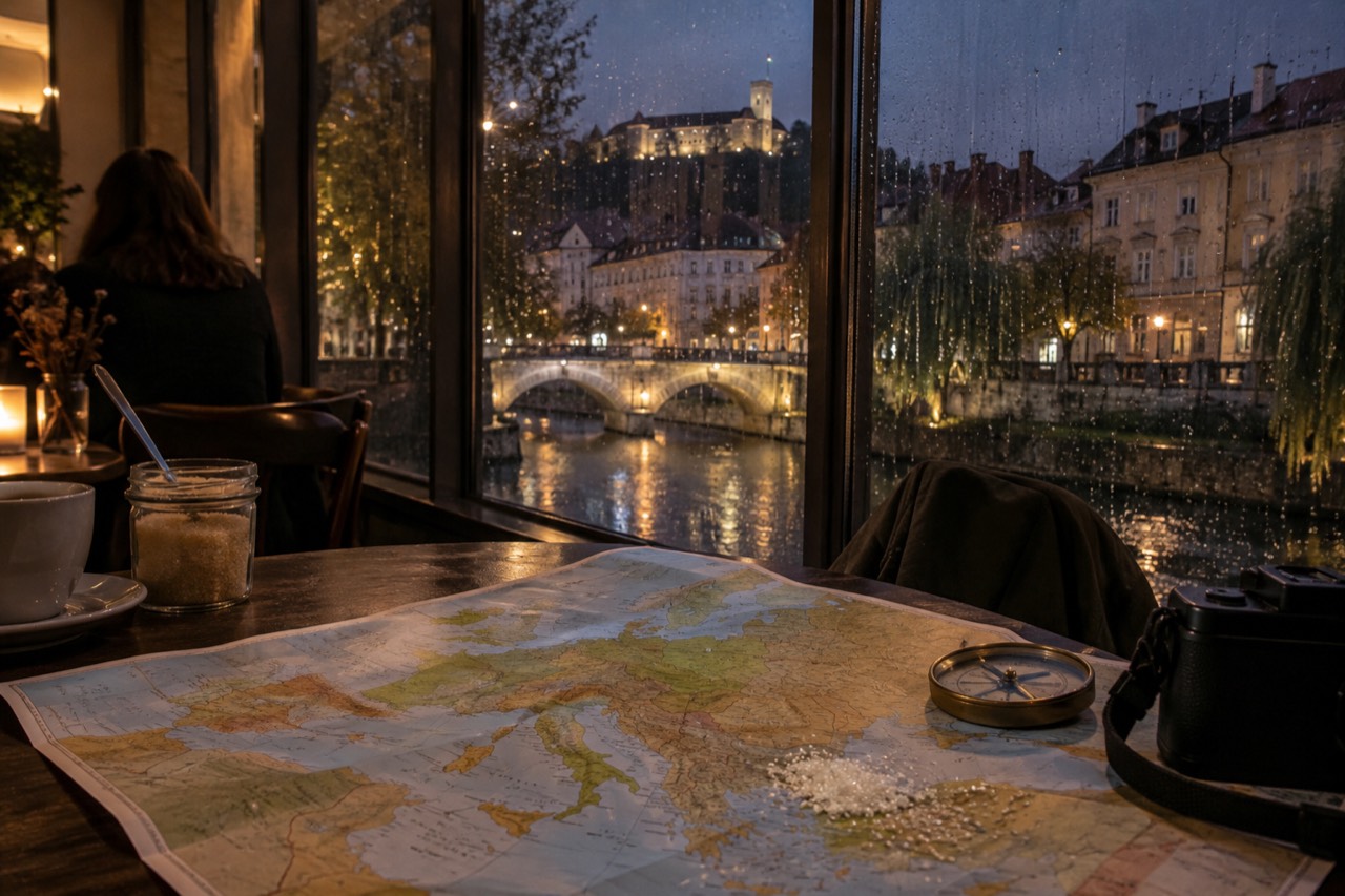 A map of Europe with highlighted routes and a compass, set on a wooden table beside a passport and a camera.
