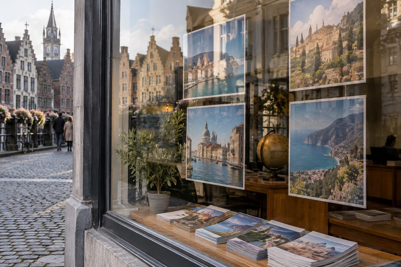 A travel agency window display with Europe destination posters and a desk with brochures