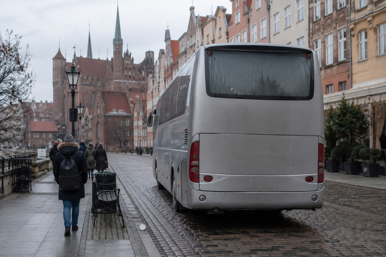 A coach parked on a cobbled European street beside old stone buildings