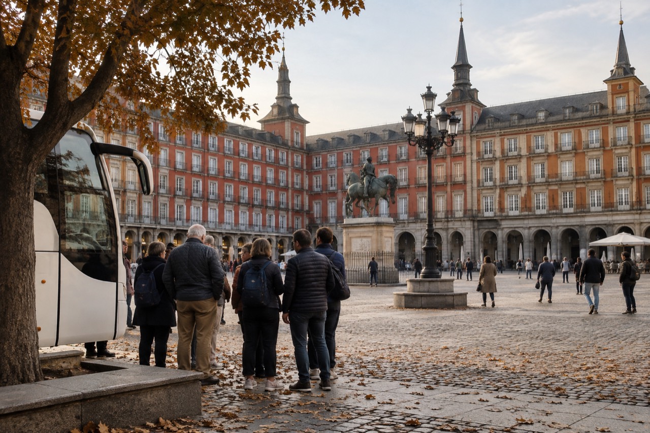 A group of adult travellers of mixed ages standing beside a coach in a European city square, smiling and chatting