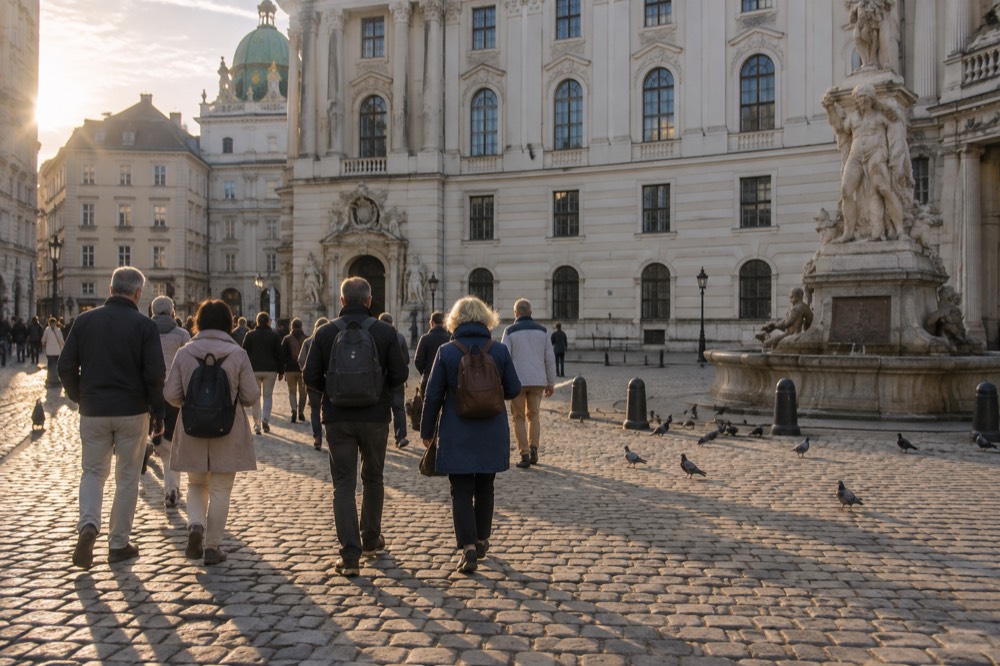 A tour group walking across a cobblestone square beside old European buildings