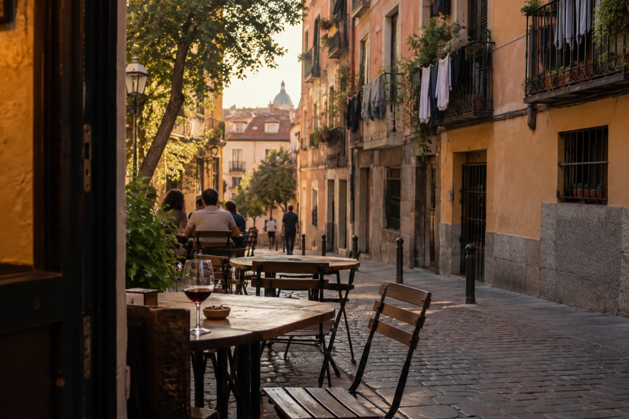 Cobblestone street in a European old town with café tables and stone buildings