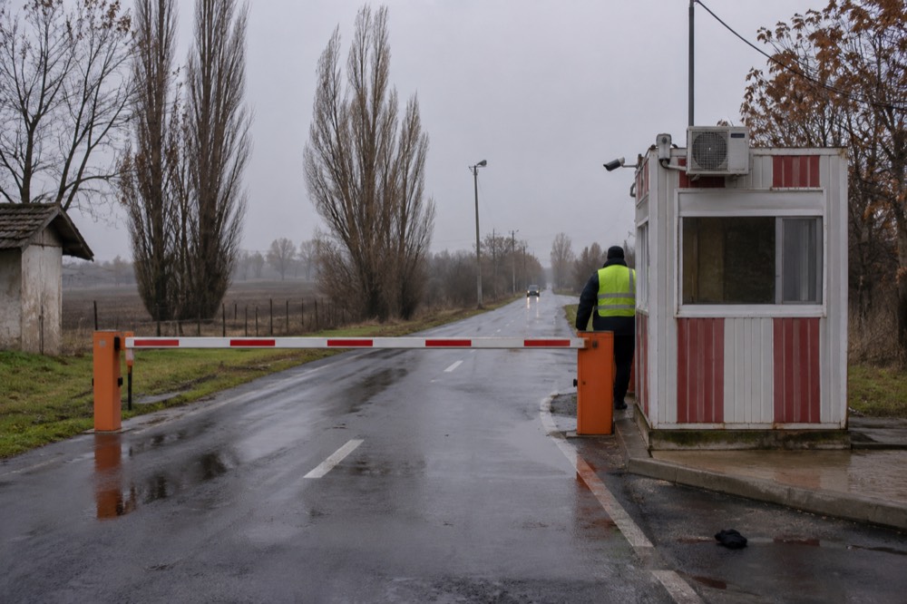 Border crossing station on a rural road between two European countries with a small checkpoint booth
