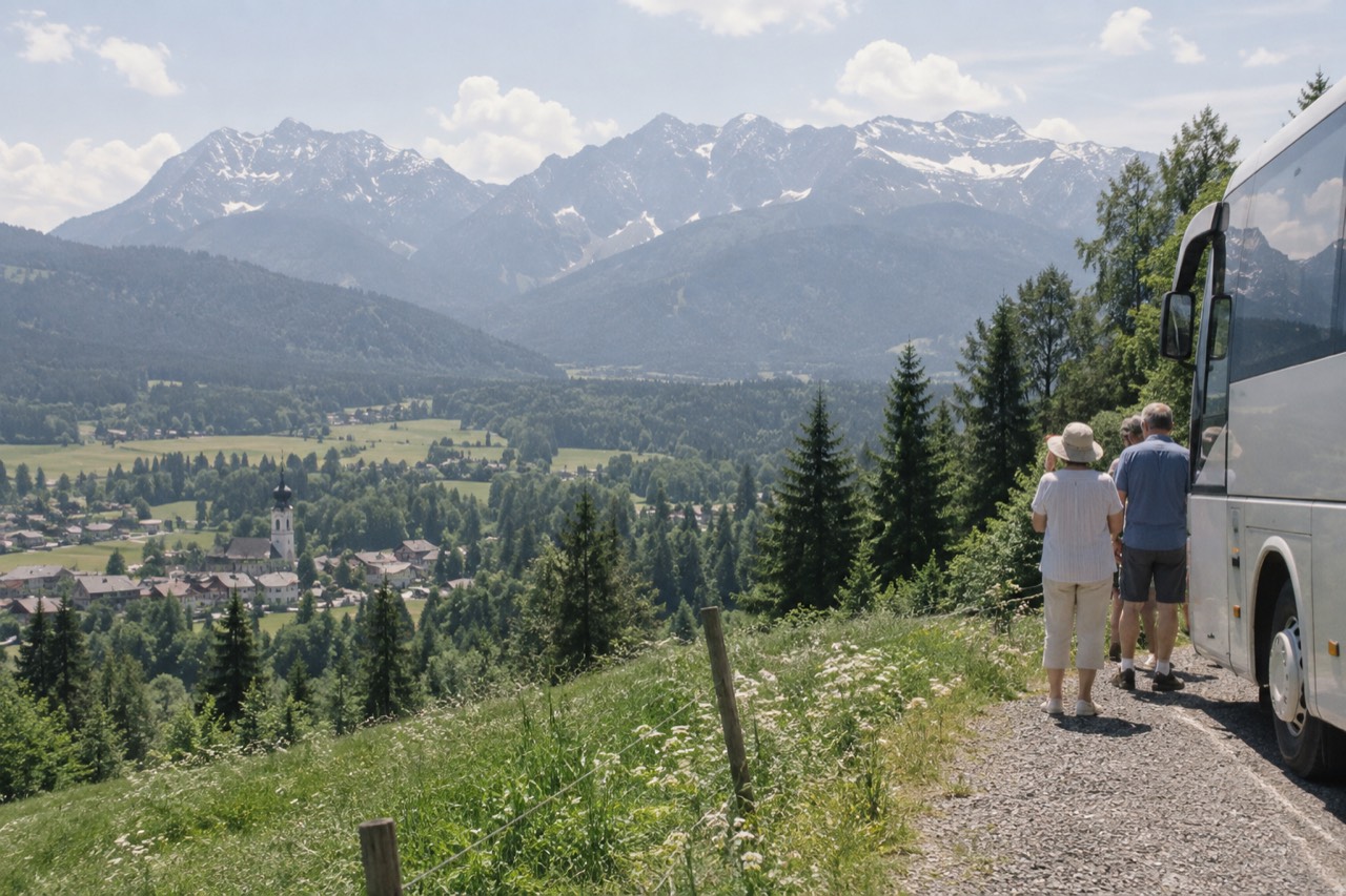 A coach parked on a mountain road above an alpine valley with a village below