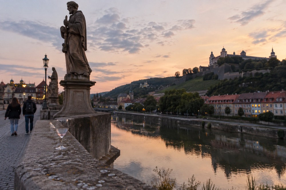 A wide stone bridge over a European river with old town rooftops on both banks