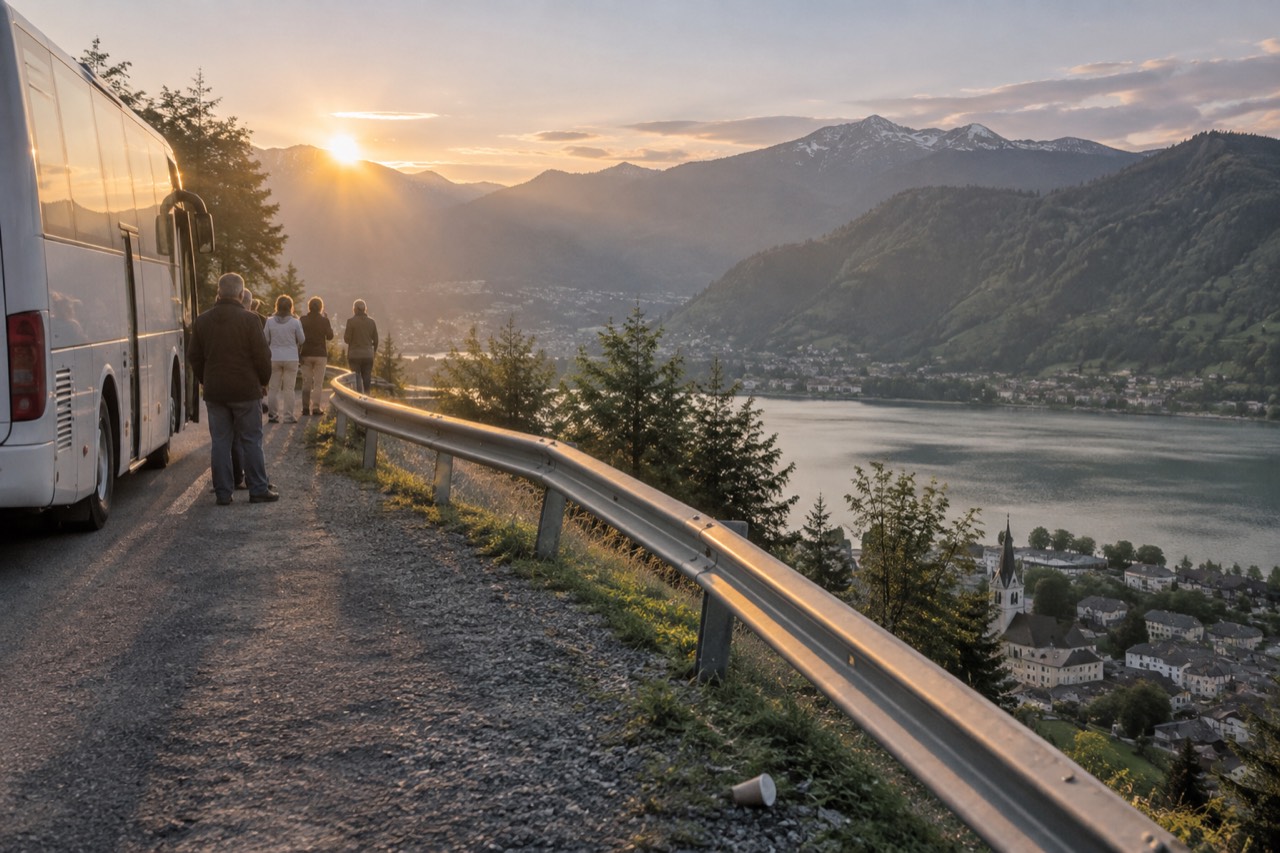 A touring coach parked on a mountain road above a European valley town at golden hour