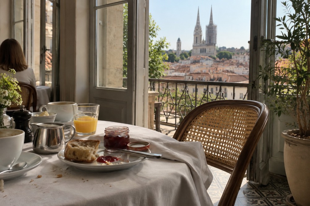 A breakfast table set with coffee, bread and jam in a bright hotel dining room