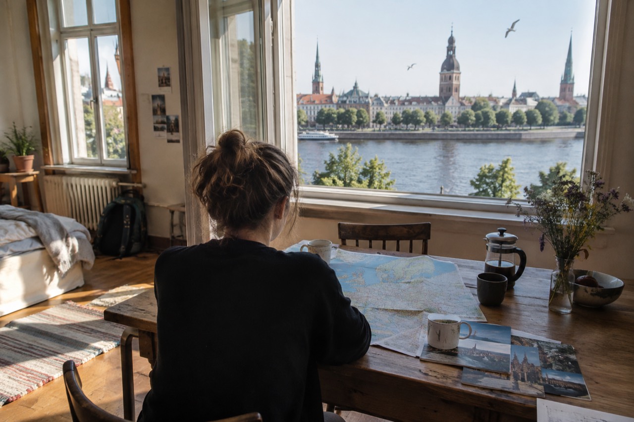 A traveler studies a map of Europe with several tour brochures spread on a table