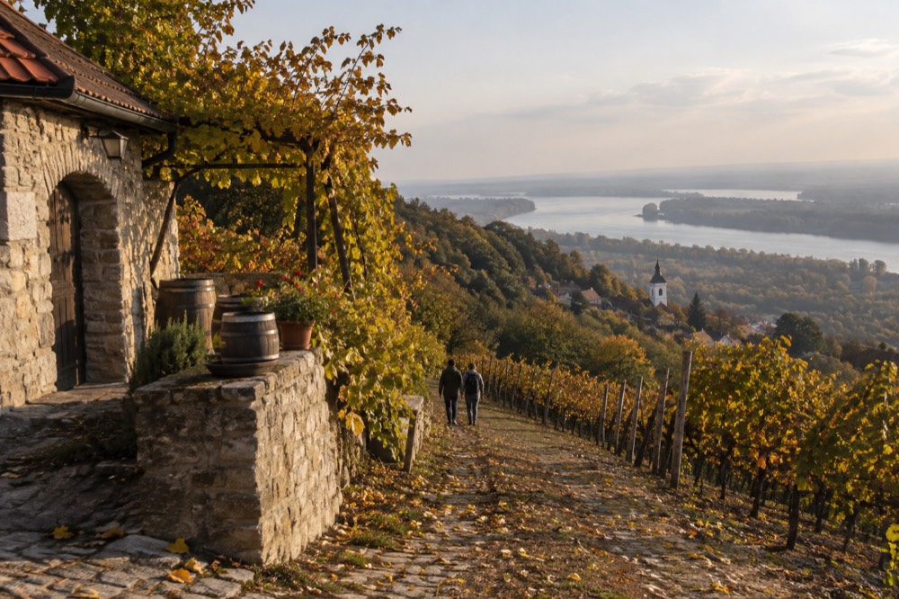Autumn vineyard hills with rows of vines turning gold beside a river valley