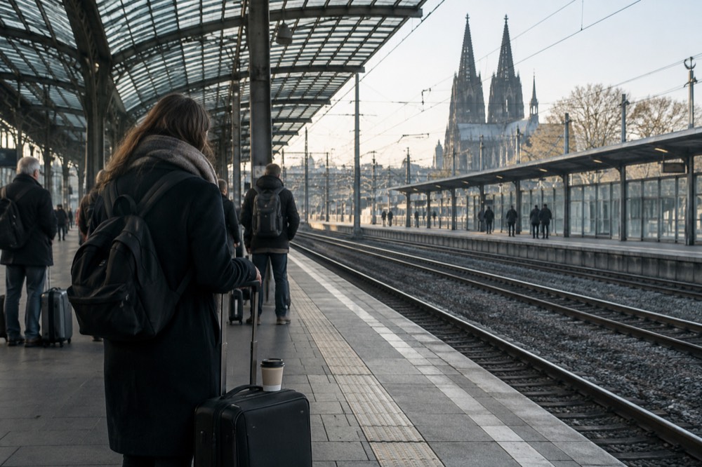 A train platform in Europe with a departure board and morning travellers waiting with luggage