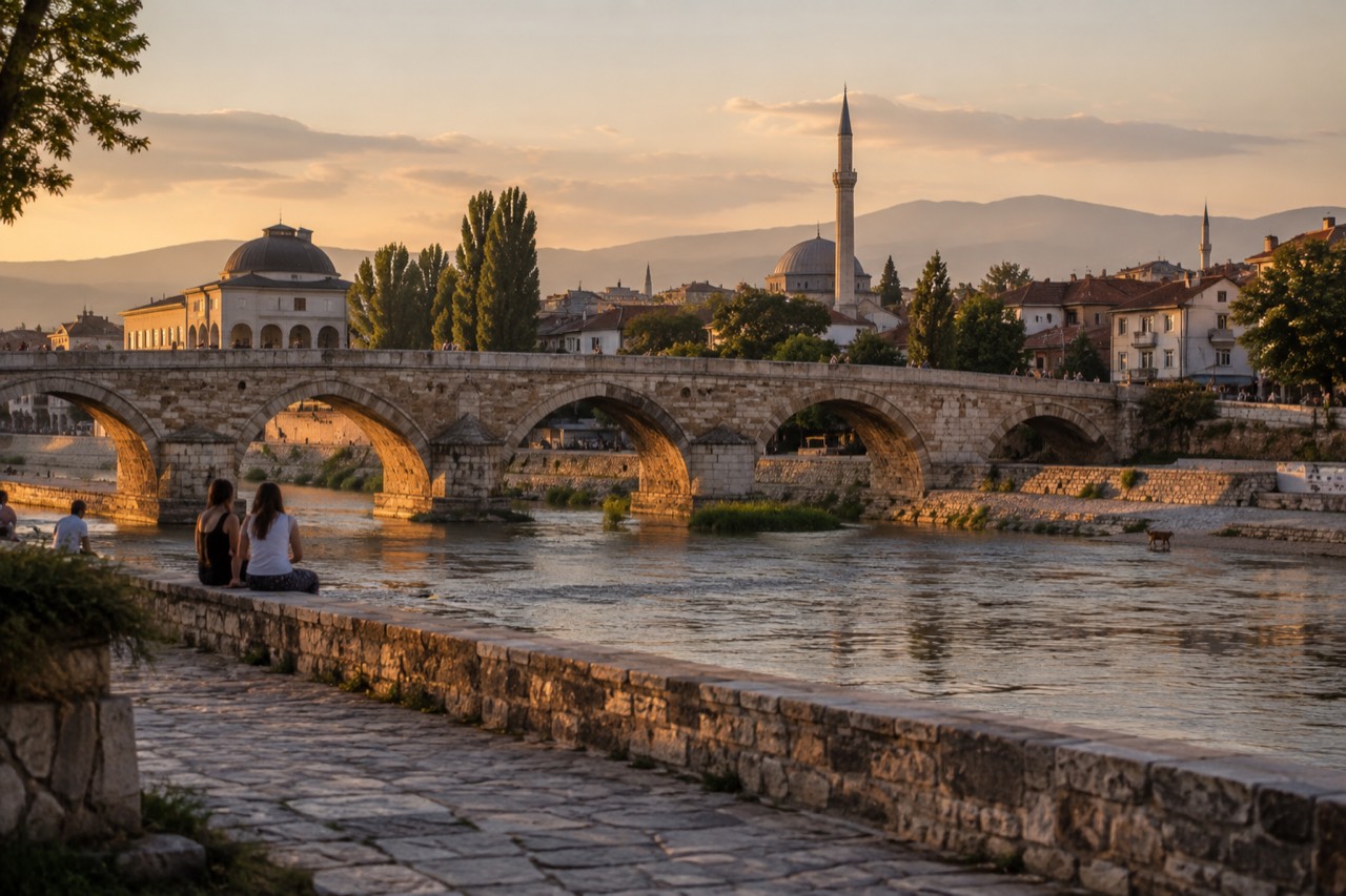 Old town rooftops and a stone bridge over a wide river in a Balkan city at golden hour