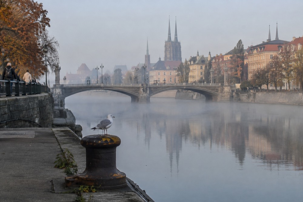 A wide stone bridge over a river with historic European buildings on both banks under a soft morning sky