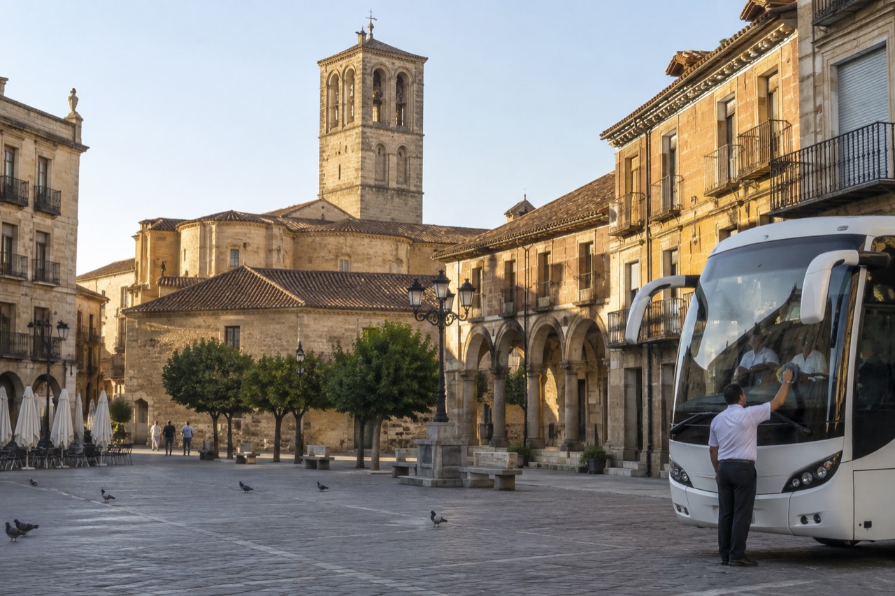 A coach parked on a cobbled square beside old European buildings with a stone church tower in the background