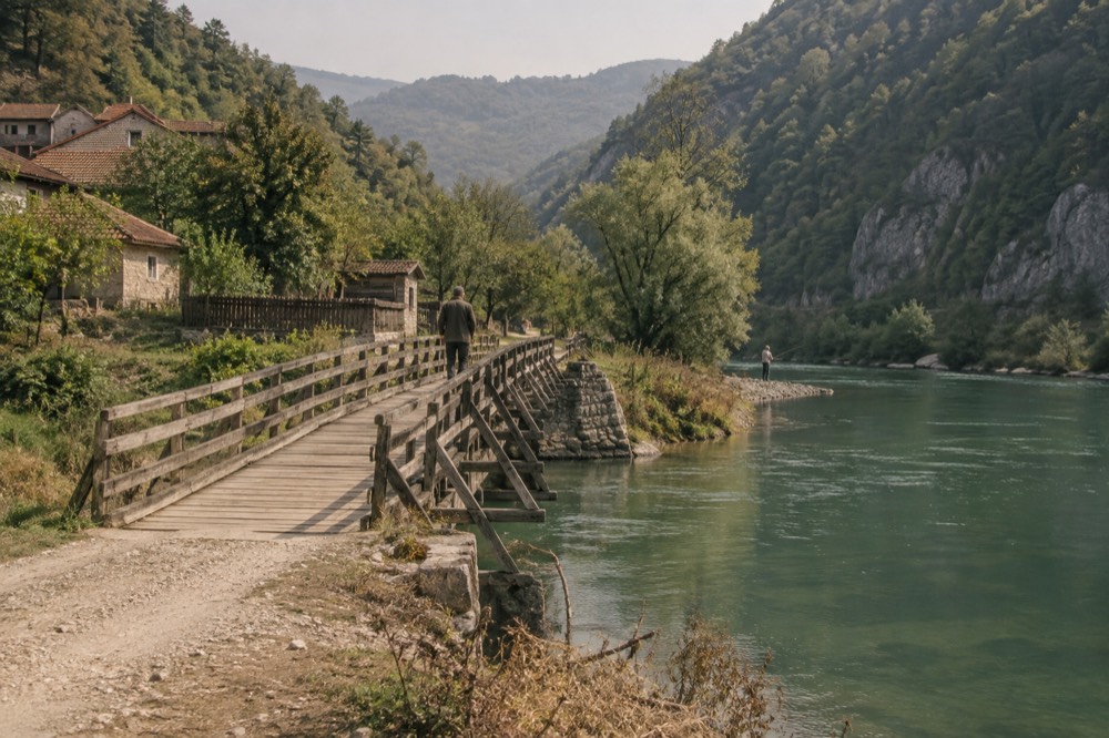 A wooden bridge over a river between steep hills in a Balkan valley