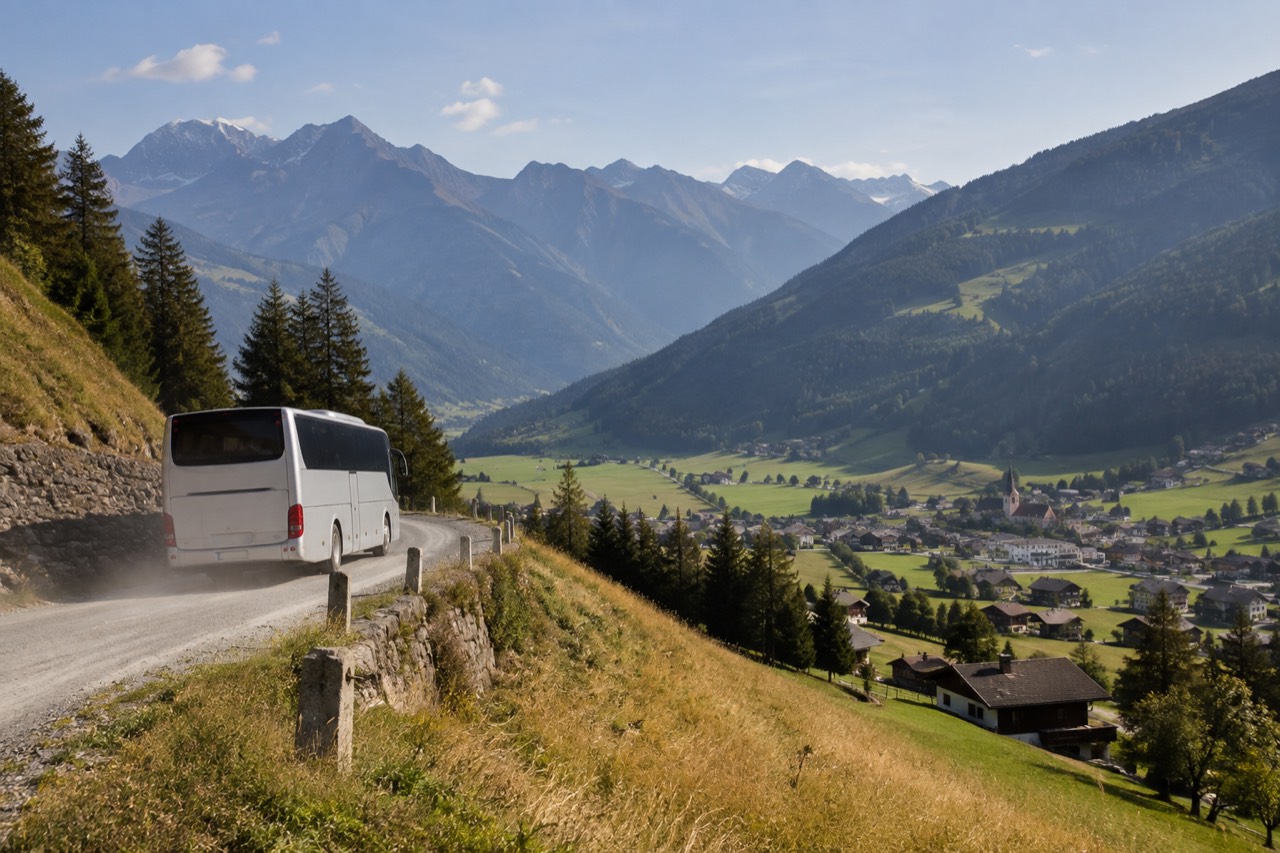 A coach parked on a mountain road above an Alpine valley with village rooftops below