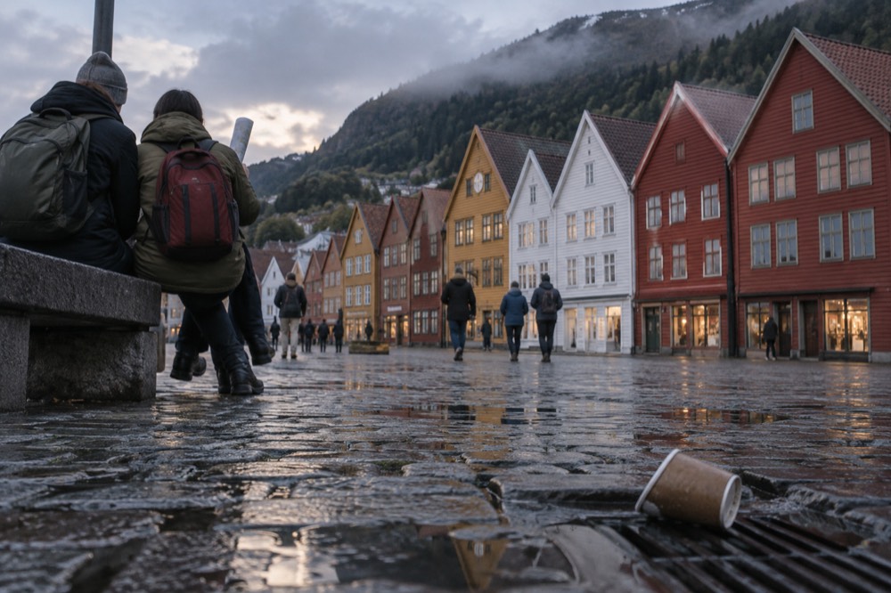 A licensed guide holding up a folded map while speaking to a small cluster of visitors in a cobblestone square