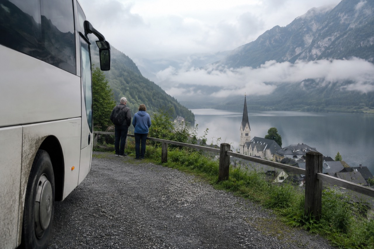 A coach parked on a mountain road above a European valley with stone villages below
