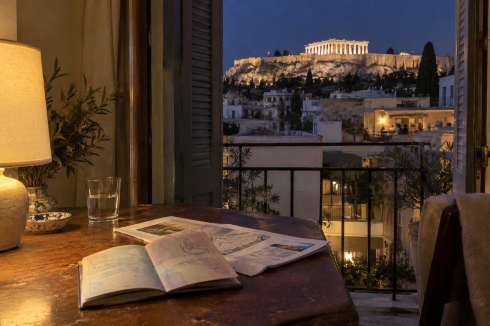 Open passport resting on a wooden desk beside a European travel itinerary