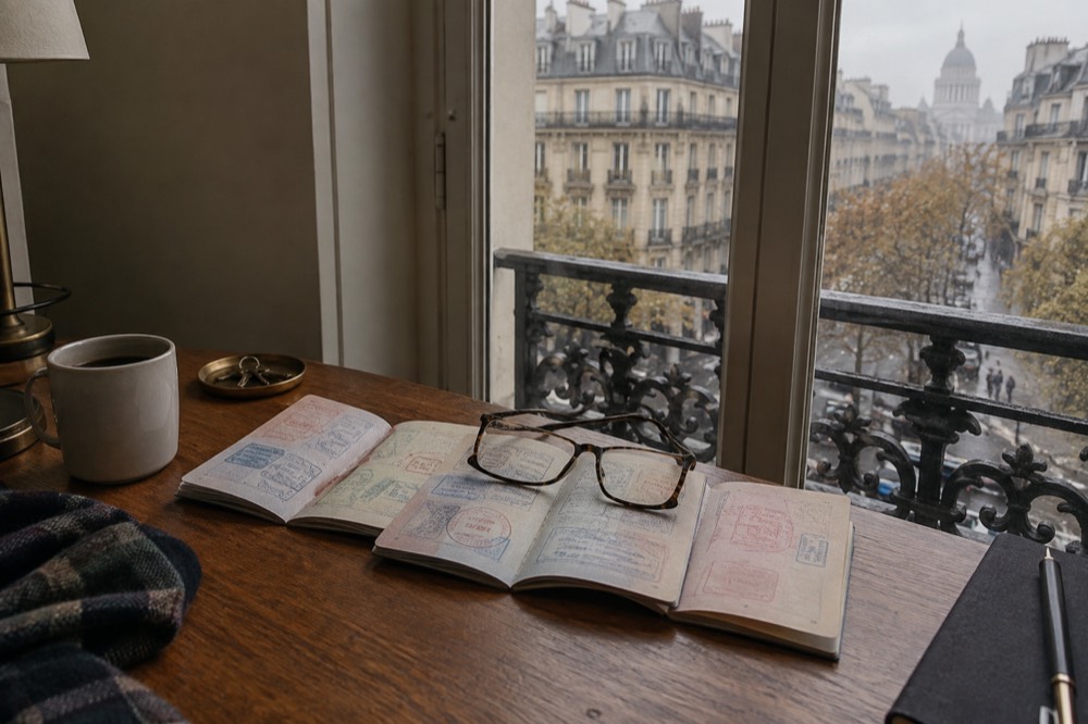 A row of passports held open on a wooden desk beside a pair of glasses