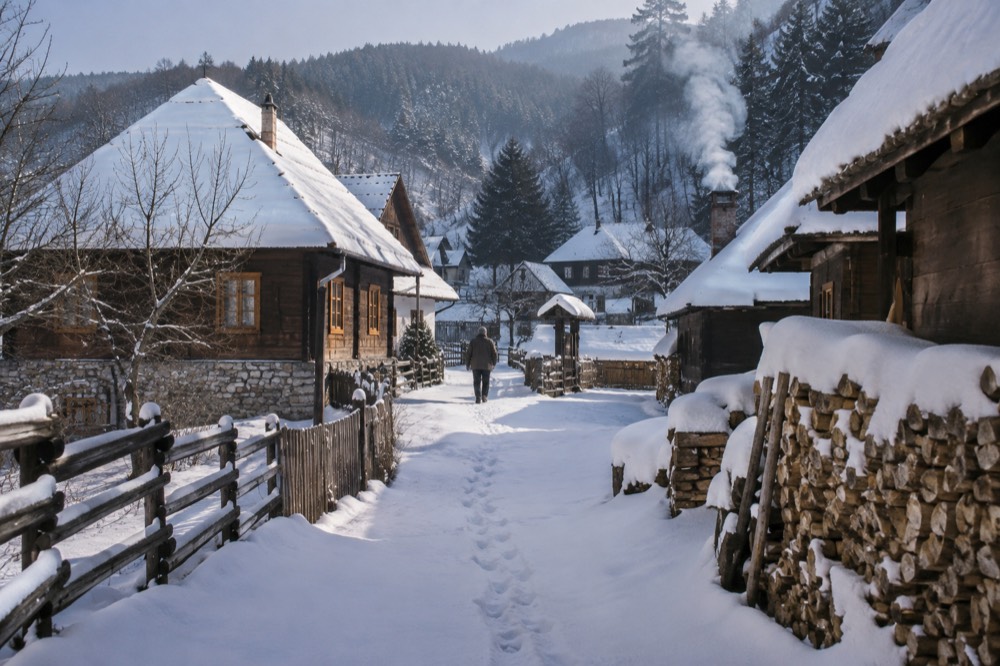 A quiet mountain village street in winter with snow on the rooftops