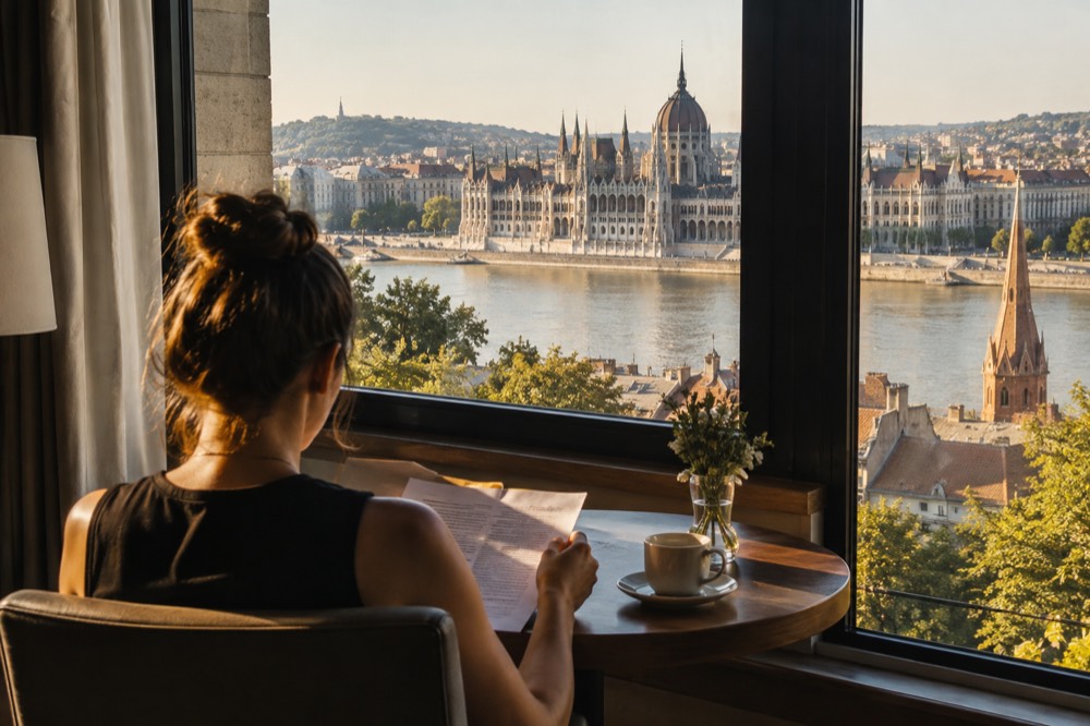 A traveller reading a printed document at a hotel window table with a city view