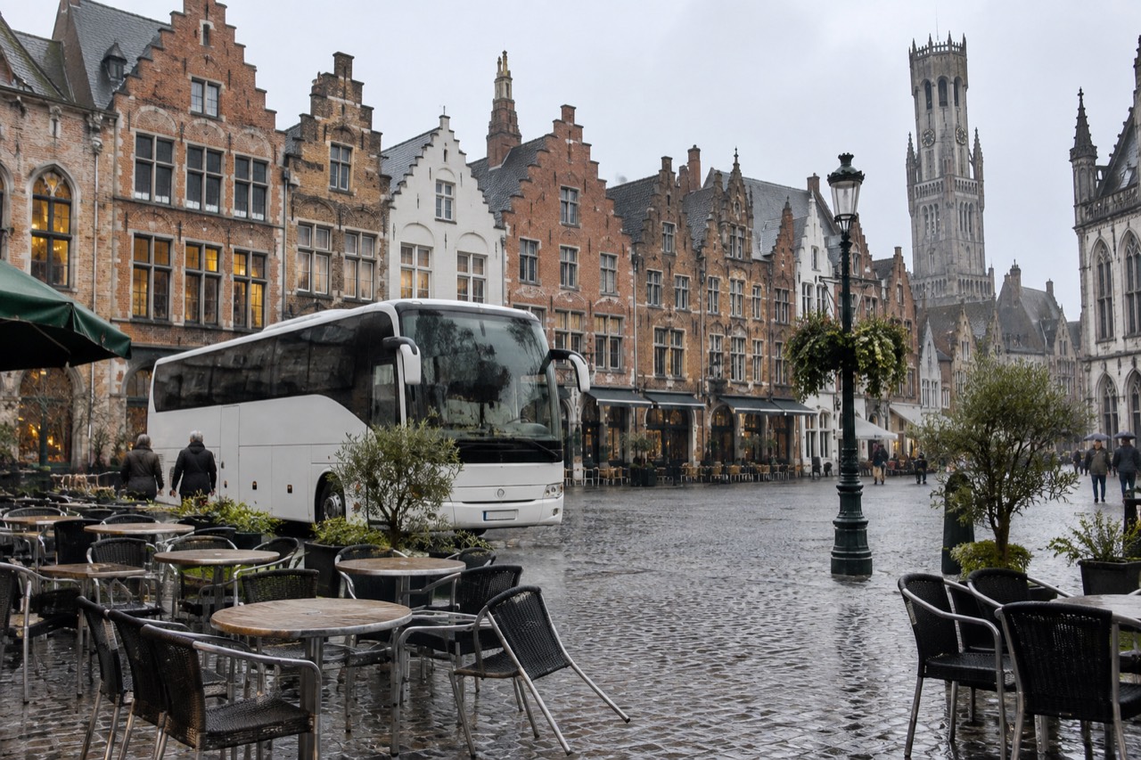 A coach parked on a cobblestone square beside old European buildings with café tables