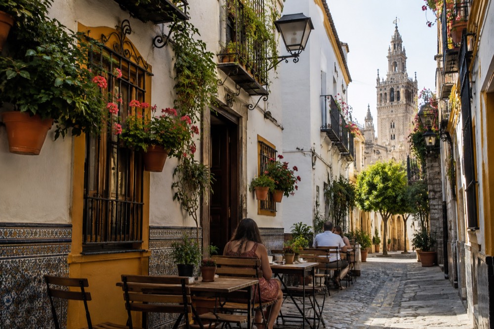 A narrow European street with cafes and hanging flower baskets in morning light