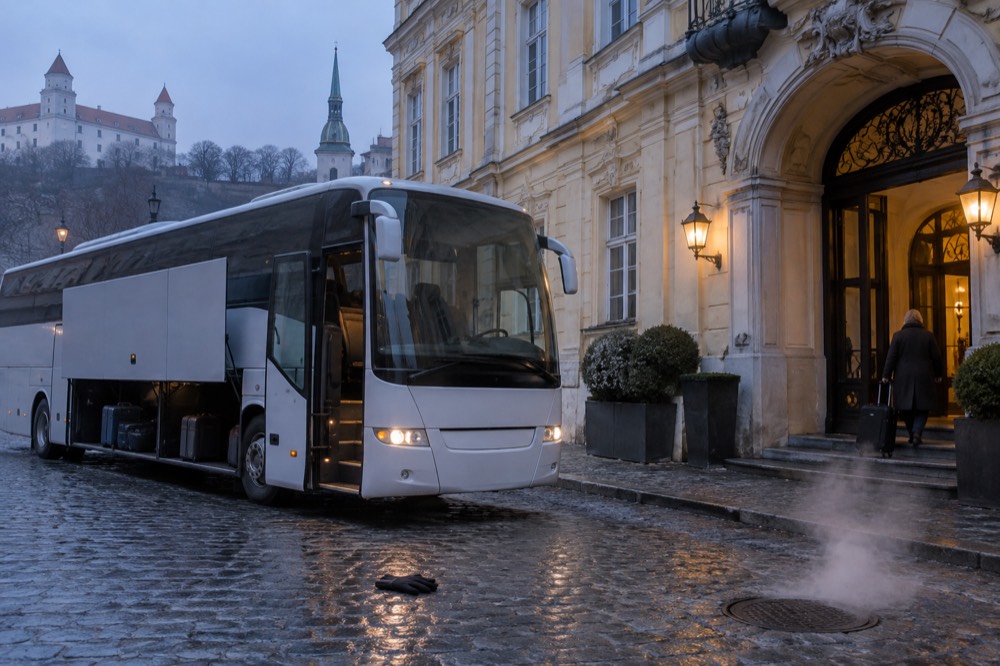 Empty coach parked on a European street outside a hotel entrance in early morning