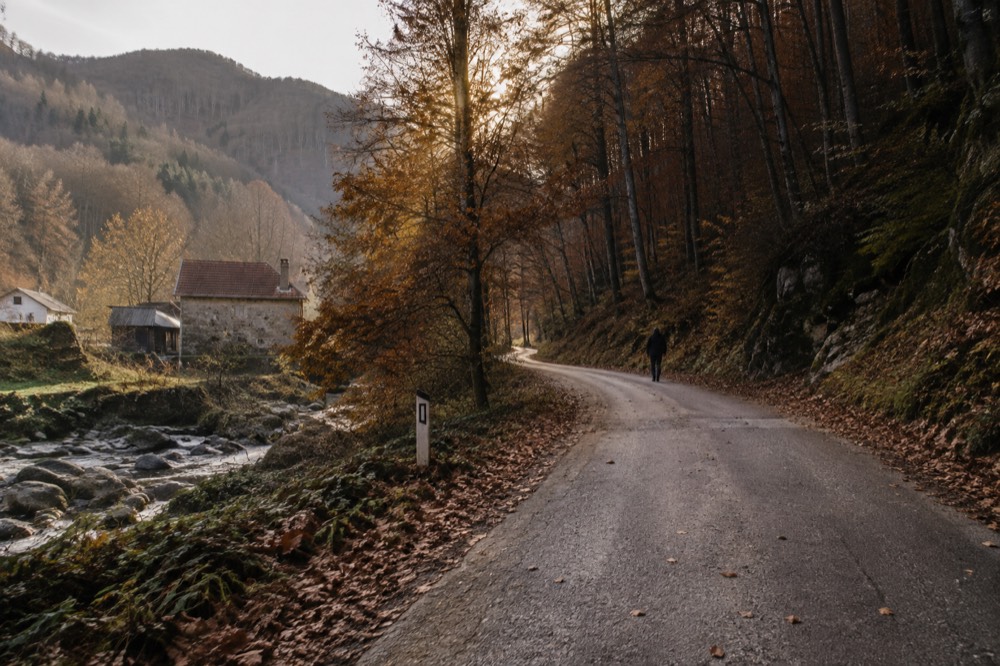 A border crossing sign on a rural road between two European countries with forest on both sides