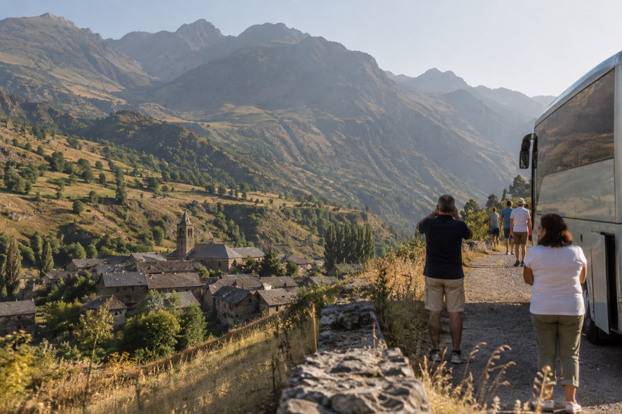 A coach parked on an alpine road with mountains and a village in the distance