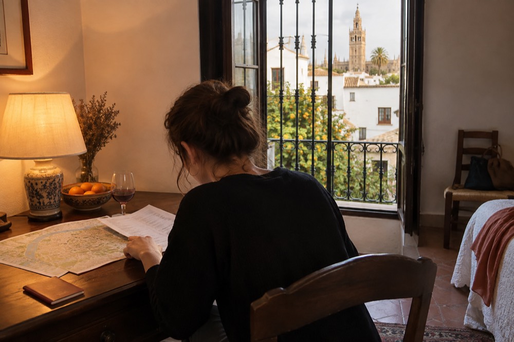 A traveller reading a printed itinerary page beside a map on a hotel desk