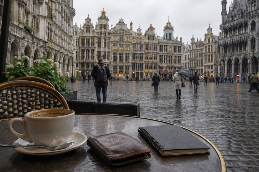A wallet and notebook on a cafe table with a coffee cup and city view