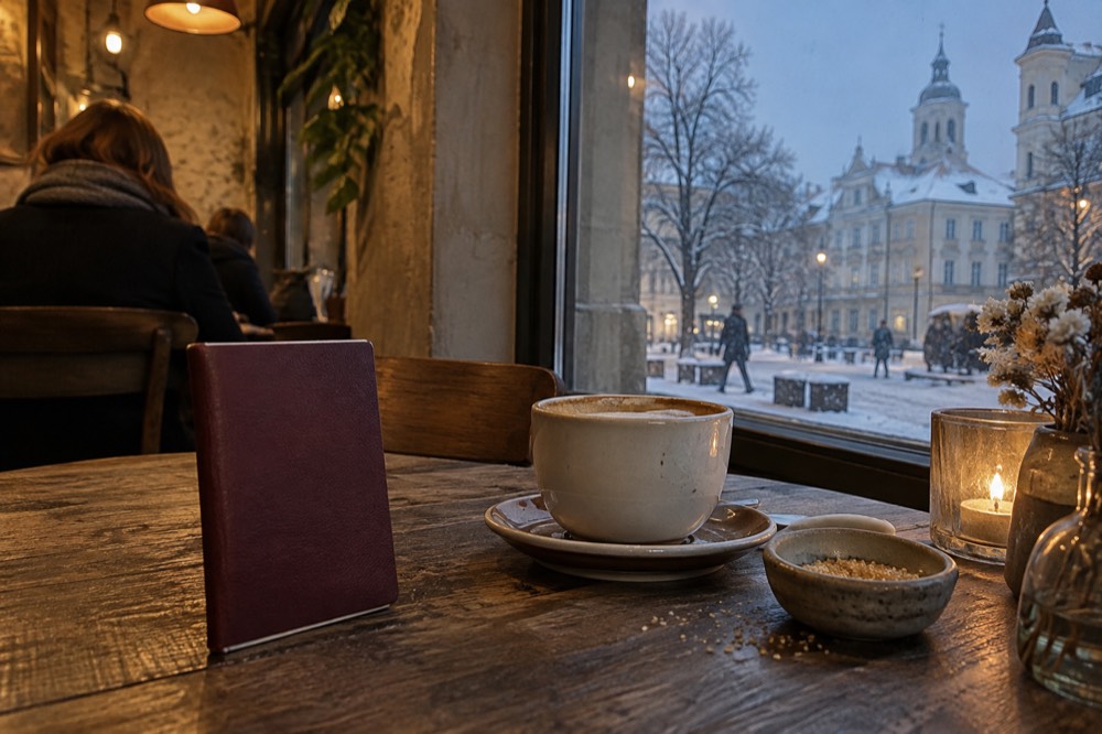 A passport open on the photo page beside a coffee cup on a cafe table