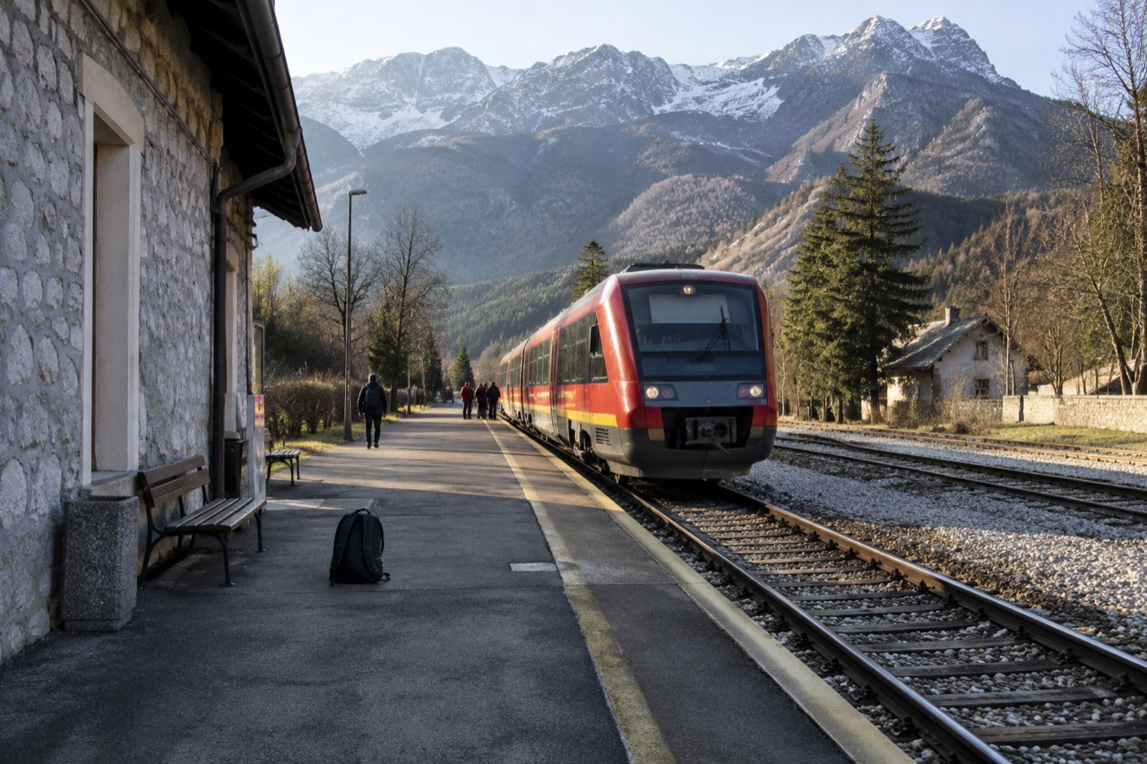 A red regional train waiting at a small European station platform with mountains behind it