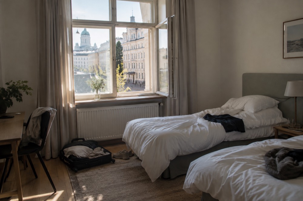 Two single beds in a bright twin hotel room with a window open to a European street