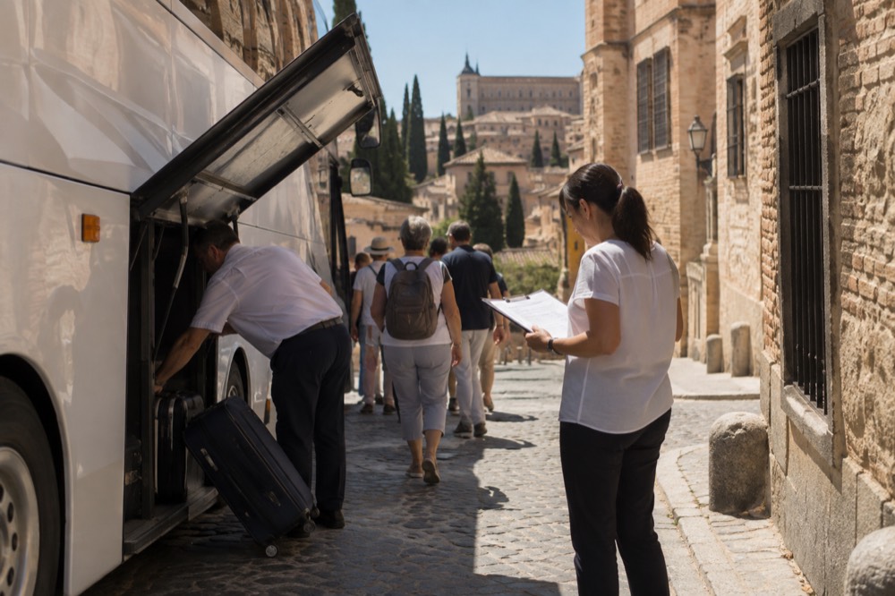 A tour leader checking a clipboard beside a motorway coach with luggage being loaded