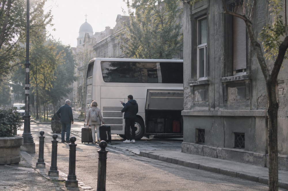 A tour director speaking to a small group gathered beside a coach in a European city street